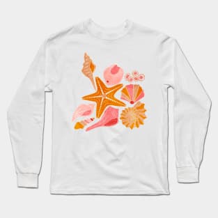 Just Beachy- Seashells Starfish- Beach Combers Delight- Orange Pink Long Sleeve T-Shirt